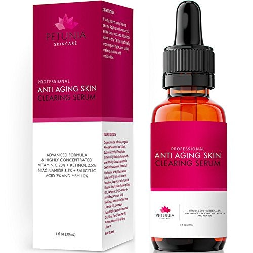 Professional Anti-Aging Skin Clearing Serum | Active 2.5% Retinol, Vitamin C 20% , MSM, Salicylic Acid | Acne Treatment And Collagen Booster For Fine Lines, Wrinkles, Dark Spots, Acne | 1 fl. oz. Skin Care Petunia Skincare 