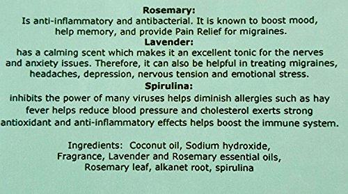 Lavender Rosemary Leaf (10.5 oz) - Pure Coconut Oil Soap for Calm Focus. Handmade, Moisturizing, Natural, Vegan With Essential Oils, Organic Spirulina, Alkanet Root and Garden Rosemary Leaf Natural Soap Splendor Santa Barbara 
