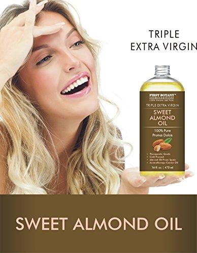 Cold Pressed Sweet Almond Oil - Triple AAA+ Grade Quality, For Hair, For Skin and For Face, 100% Pure and Natural from Spain, 16 fl oz Essential Oil First Botany Cosmeceuticals 