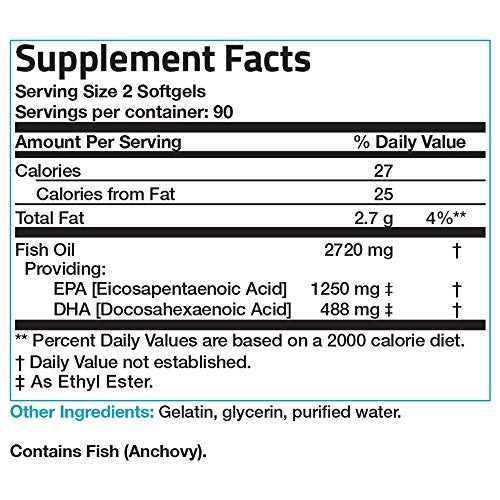 Bronson Omega 3 Fish Oil Triple Strength 2720 mg, Non-GMO, Gluten Free, Soy Free, Heavy Metal Tested, 1250 EPA 488 DHA, 180 Softgels Supplement Bronson 