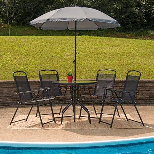 Flash Furniture Nantucket 6 Piece Black Patio Garden Set with Table, Umbrella and 4 Folding Chairs Furniture Flash Furniture 