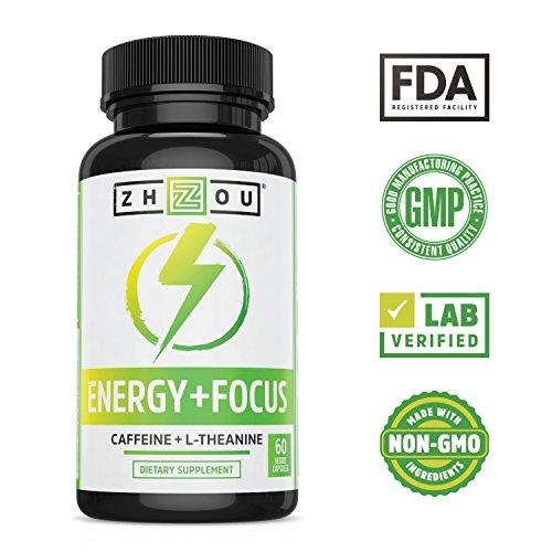 Caffeine with L-Theanine for Smooth Energy & Focus - Focused Energy for Your Mind & Body - No Crash ▫ No Jitters - #1 Nootropic Stack for Cognitive Performance - Veggie Capsules Supplement Zhou Nutrition 