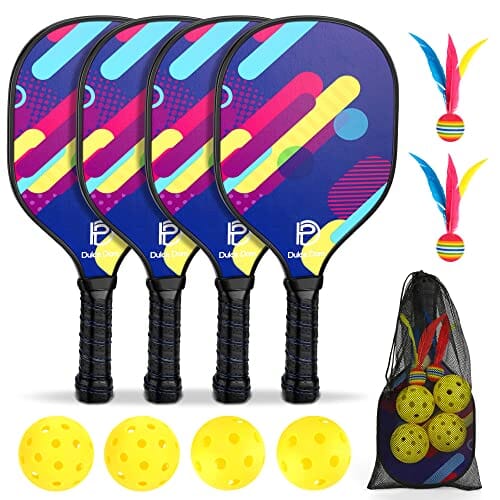 Dulce Dom Wood Pickleball Paddles Set of 4 with Mesh Bag, 4 Pickleballs (Indoor /Outdoor) and 2 Cricket Balls, Classic 9-Ply Basswood Wooden Pickleball Rackets with Safe Edge Guard, Cushion Grip Sports DULCE DOM 