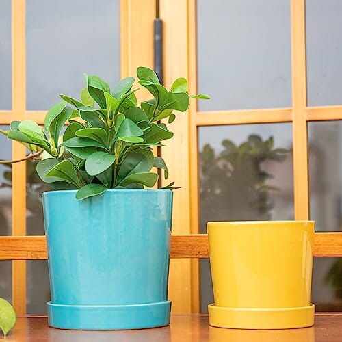 Chonsun Ceramic Planter Set of 2Pcs 6+5 Inch Plant Pots Indoor Oudoor Planter with Drainage Hole Flower Pots Plant Pots Mid-Century Planter Ceramic Blue and Yellow Lawn & Patio Chonsun 