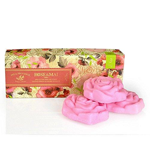Pre de Provence French Soap Bar In Gift Box, Enriched with Shea Butter to Moisturize and Soothe, Infused With Real Petals (Includes Three, 100 Gram Rose Shaped Soaps) - Rose De Mai Natural Soap Pre de Provence 