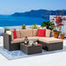 Vongrasig 5 Pieces Patio Furniture Set, All-Weather Outdoor Small Sectional Patio Sofa Set, Wicker Rattan Patio Sofa Couch Conversation Set w/Ottoman, Glass Table, Beige Cushions & Red Pillow, Brown Furniture Vongrasig 