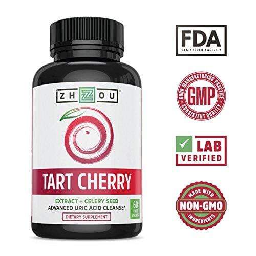 Tart Cherry Extract Capsules with Celery Seed - Advanced Uric Acid Cleanse for Joint Comfort, Healthy Sleep Cycles and Muscle Recovery - Potent Polyphenols Supplement - 60 Veggie Capsules Supplement Zhou Nutrition 