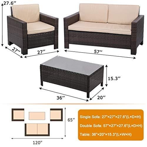 FDW Outdoor Patio Furniture Sets 4 Piece Patio Set Sectional Sofa Outdoor Rattan Chair Conversation Sets Cushions Seat Lawn Balcony Poolside or Backyard Wicker,Brown Lawn & Patio FDW 