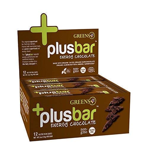 Greens+ Plusbar Energy Chocolate | Organic | Vegan | Non-GMO | Soy, Dairy & Gluten Free Bar Made with Organic Dates, Dark Chocolate, Almonds & Superfoods |EcoCert Certified| 70% Cacao, Box of 12 Bars Supplement Greens+ 