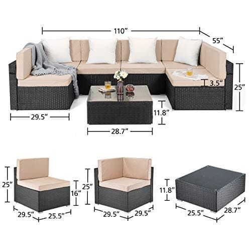 PAMAPIC 7 Pieces Patio Furniture，Outdoor Rattan Sectional Sofa Conversation Set with Tea Table and Washable Cushions, Beige Lawn & Patio PAMAPIC 