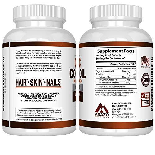 Organic Coconut Oil 2000mg - 100% EXTRA VIRGIN Cold Pressed for Weight Loss, Skin, Hair, Nails - 120 Softgel Capsules - Arazo Nutrition Supplement Arazo Nutrition 