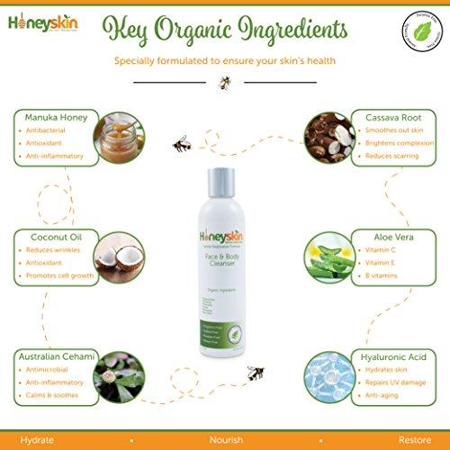 Gentle Moisturizing Organic Face & Body Wash (4 oz) Manuka Honey, Eczema, Psoriasis, Acne, Rosacea, Aloe Vera, Botanicals, No Parabens, No Sulfates, No Fragrance, Non-Allergenic by Honeyskin Skin Care Honeyskin Organics 