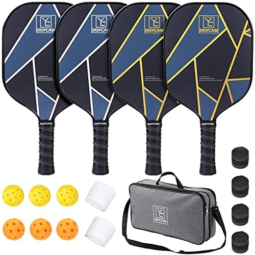 YC DGYCASI Graphite Pickleball Paddles Set of 4, 2023 USAPA Approved, Carbon Fiber Surface (CHS), Polypropylene Lightweight Honeycomb Core, 3 Indoor 3 Outdoor Pickleball, 4 Replacement Soft Grip + Bag Sports YC DGYCASI 