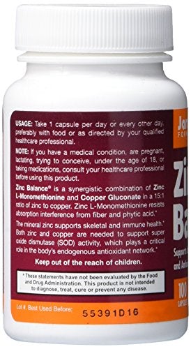 Jarrow Formulas Zinc Balance 15 mg, Supports Immune and Antioxidant Protection, 100 Caps Supplement Jarrow 