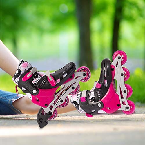 New Bounce Adjustable Inline Skates for Kids - 4 Wheel Blades Roller Skates for Girls, Teens, and Young Adults, Outdoor Rollerskates for Beginners & Advanced | Pink (Medium (2-5 US)) Outdoors New Bounce 