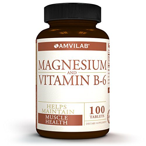 Magnesium & Vitamin B6-Promotes Bone Mineralization, Helps to Support Nerve and Muscle Function. Excellent for Men and Women, 100 Tablets per Bottle Supplement AMVILAB 