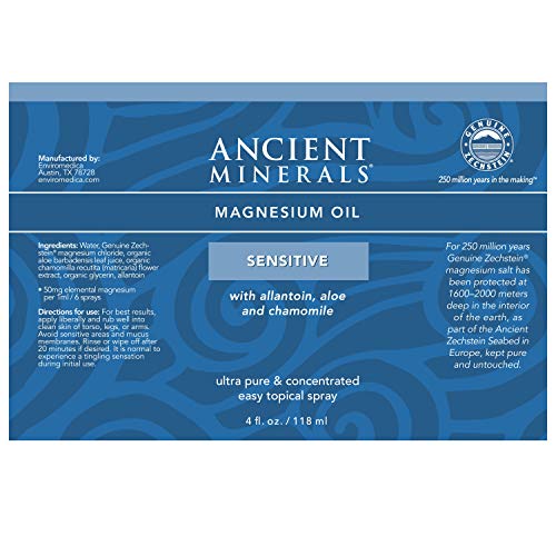 Ancient Minerals Magnesium Oil Spray Sensitive – All-New Sensitive Formula with Allantoin, Organic Chamomile, and Organic Aloe Vera (4oz) Supplement Ancient Minerals 
