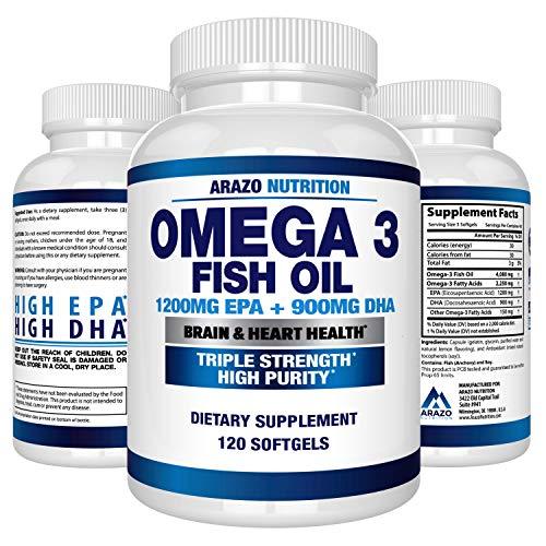 Omega 3 Fish Oil 2250mg | HIGH EPA 1200MG + DHA 900MG Triple Strength Burpless Capsules | 120 Pills | Arazo Nutrition Supplement Arazo Nutrition 