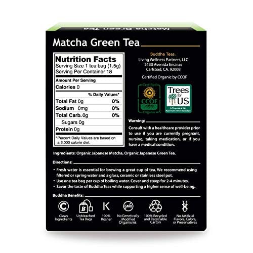 Buddha Teas Organic Matcha Green Tea - OU Kosher, USDA Organic, CCOF Organic, 18 Bleach-Free Tea Bags Grocery Buddha Teas 