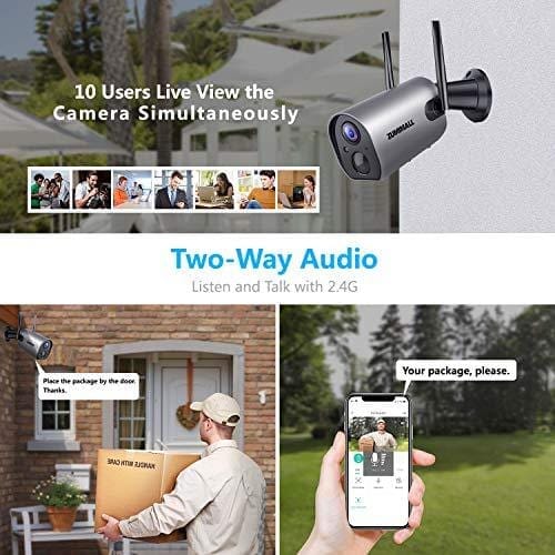 Wireless Outdoor WiFi Security Camera, Rechargeable Battery-Powered Home Security Camera, 1080P Night Vision/Waterproof, PIR Motion Detection, 2-Way Audio, Compatible with Cloud Storage/SD Slot Camera ZUMIMALL 