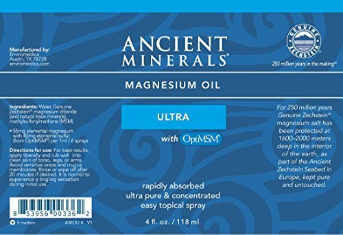 Ancient Minerals Magnesium Oil Ultra Spray with OptiMSM - Pure Genuine Zechstein Magnesium Chloride Supplement with MSM - Best Topical Skin Application for Dermal Absorption (4oz) Supplement Ancient Minerals 