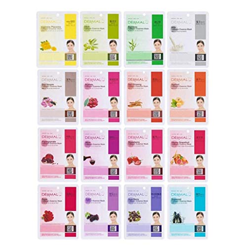 DERMAL 16 Combo Pack B Collagen Essence Full Face Facial Mask Sheet - The Ultimate Supreme Collection for Every Skin Condition Day to Day Skin Concerns. Nature Made Freshly Packed Korean Face Mask Skin Care DERMAL 