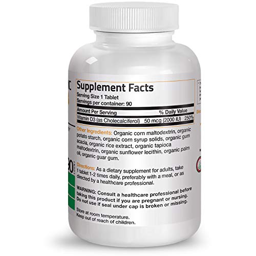 Bronson Vitamin D3 2000 IU Certified Organic Vitamin D, Non-GMO, USDA Certified, 90 Tablets Supplement Bronson 