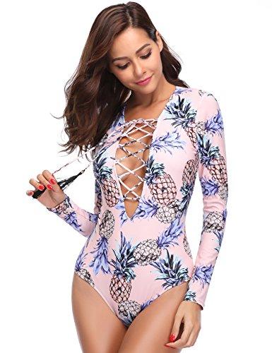MarinaVida Women One Piece Long Sleeve Swimsuit Deep V Neck Bathing Suit Women's Swimwear MarinaVida 