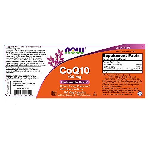 NOW CoQ10 100 mg with Hawthorn Berry,180 Veg Capsules Supplement NOW Foods 