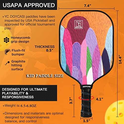 Graphite Pickleball Paddles Set of 6, 2023 USAPA Approved, 2 Kids & 4 Adult Paddles, Fiberglass Surface (CHS), Polypropylene Lightweight Honeycomb Core, 6 Pickleball, 4 Replacement Soft Grip + Bag Sports YC DGYCASI 