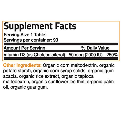 Bronson Vitamin D3 2000 IU Certified Organic Vitamin D, Non-GMO, USDA Certified, 90 Tablets Supplement Bronson 