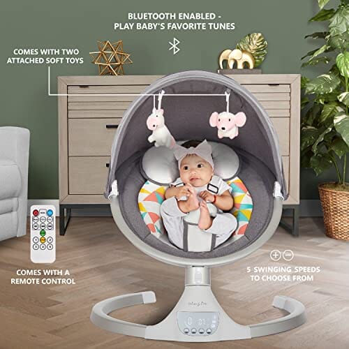 Dream On Me Zazu Baby Swing, Baby Swing for Infant, 5- Swinging Speed, Two Attached Toys, Bluetooth Enabled and Remote Control, Grey and Pink Baby Product Dream On Me 