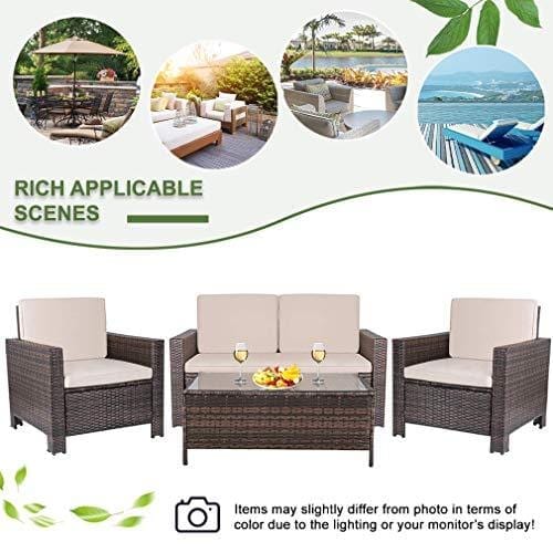 FDW Outdoor Patio Furniture Sets 4 Piece Patio Set Sectional Sofa Outdoor Rattan Chair Conversation Sets Cushions Seat Lawn Balcony Poolside or Backyard Wicker,Brown Lawn & Patio FDW 