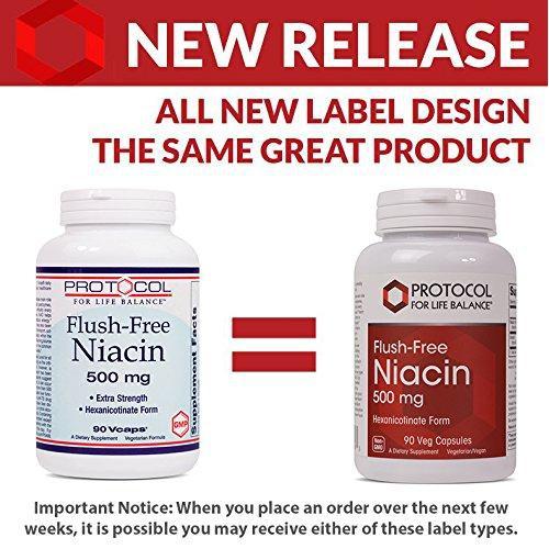 Protocol For Life Balance - Flush-Free Niacin 500 mg - B Vitamin for Improved Energy Production, Metabolism, Stress, Sex, and Emotional Support - 90 Vcaps Supplement Protocol For Life Balance 
