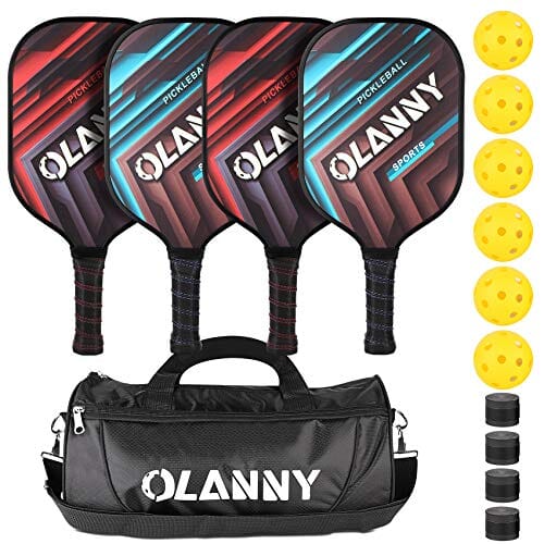 OLANNY Pickleball Paddles Set | Pickleball Set Includes 4 Pickleball Paddles + 6 Balls+ 4 Replacement Soft Grip + 1 Portable Carry Bag | Premium Rackets Face & Polymer Honeycomb Core Sports OLANNY 