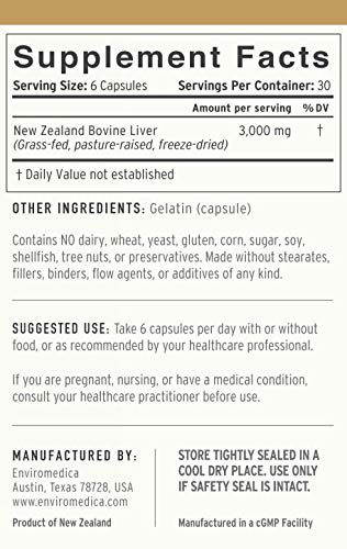 Enviromedica Freeze Dried Beef Liver Natural Energy Supplement Capsules of Pure Grass-Fed, Pastured, New Zealand Bovine with Preformed Vitamin A (180ct) Supplement Enviromedica 