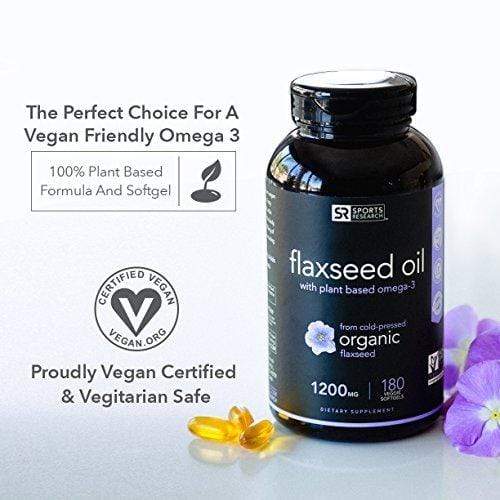 Vegan Flaxseed Oil with Plant Based Omega's 3,6 & 9 | Promotes Cardiovascular Health, Immune Support & Healthy Hair + Skin | Vegan Certified & Non-GMO Project Verified (180 Veggie-Softgels) Supplement Sports Research 
