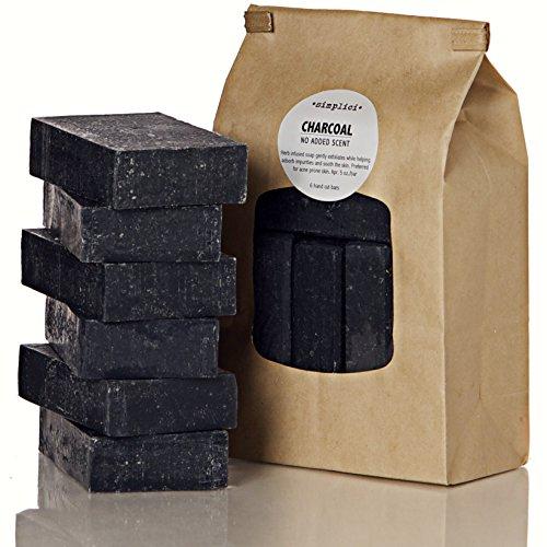 Simplici Activated Charcoal Unscented Bar Soap. Bulk 6 Pack. Palm Oil Free. With 15% Coconut Oil. Acne, Eczema, Psoriasis Safe. Body Wash For Oily Skin - Face, Facial, Hand. Black, Lye Soap 5 Oz Bars. Natural Soap Simplici 