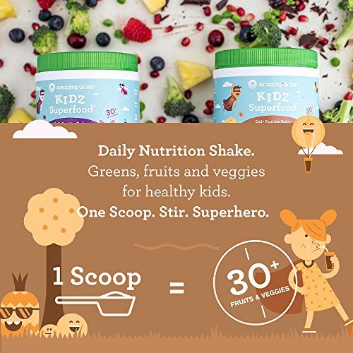 Amazing Grass, Kidz Superfood, Outrageous Chocolate, 30 Servings, 6.35 Oz, Greens, Fruits, Veggies, Probiotics, Organic Wheat Grass, Organic Carrot, Spinach, Broccoli, Vitamin A Supplement Amazing Grass 