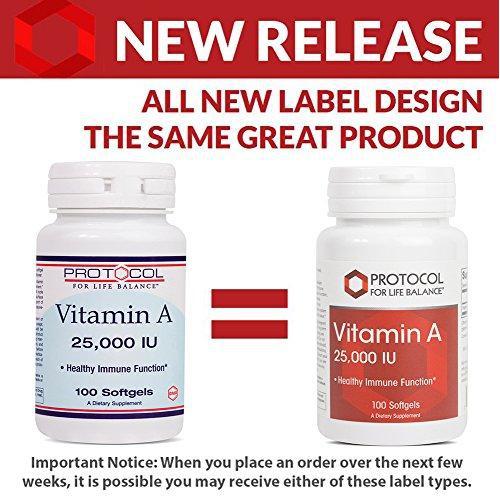 Protocol For Life Balance - Vitamin A 25,000 IU - Promotes Healthy Immune Function, Anti-Oxidation, and Provides Cellular Support - 100 Softgels Supplement Protocol For Life Balance 