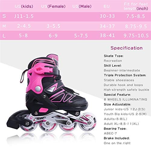 Adjustable Inline Skates for Girls and Boys with Light up Wheels Beginner Skates Safe and Durable Inline Roller Skates for Kids and Adults, Men and Women Pink Size 4 Outdoors Zuwaos 