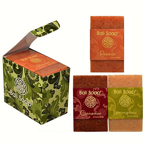 Bali Soap - Natural Soap Bar Gift Set, Face or Body Soap, Best for All Skin Types, For Women, Men & Teens, 3 pc Variety Soap Pack (Papaya - Cinnamon - Lemongrass) 3.5 Oz each Natural Soap Bali Soap 