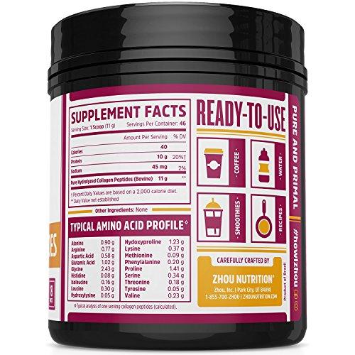 Collagen Peptides Hydrolyzed Protein Powder 18oz - Supplement For Vital Joint & Bone Support, Glowing Skin, Strong Hair & Nails, Digestive Health - Unflavored, Hormone-Free, Grass Fed & Pasture Raised Supplement Zhou Nutrition 