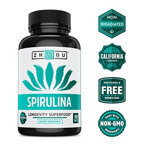 Non-GMO Spirulina Tablets, Highest Quality Spirulina on Earth, Sustainably Grown in California without Pesticides, 100% Vegetarian & Non-Irradiated, 500mg in Each Small Tablet, 180 Count Supplement Zhou Nutrition 