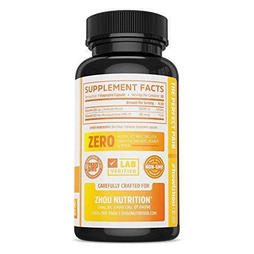 Vitamin K2 (MK7) with D3 Supplement - Vitamin D & K Complex - Bone and Heart Health Formula - 5000 IU Vitamin D3 & 90 mcg Vitamin K2 MK-7-60 Small & Easy to Swallow Vegetable Capsules Supplement Zhou Nutrition 