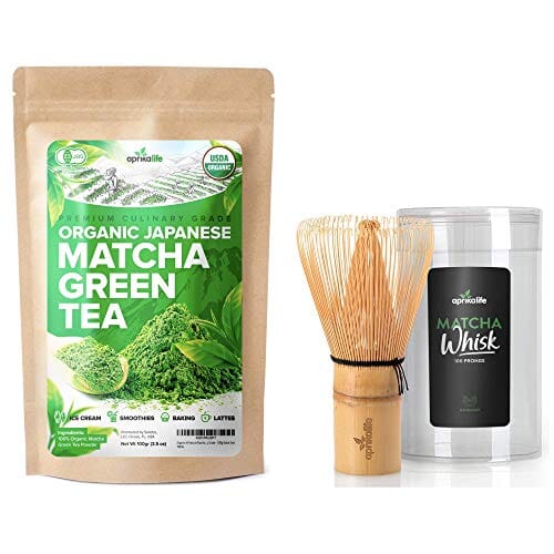 AprikaLife Japanese Matcha + Matcha Whisk Bundle - Organic Matcha Green Tea Powder 100g/3.5oz and Handmade Chasen (100 prongs) Grocery aprikalife 