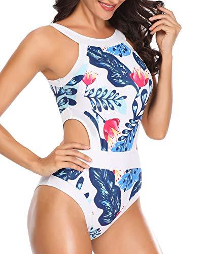 Holipick Women One Piece High Neck Floral Printed Cut Out Backless Bathing Suits Swimsuit Blue Medium Women's Swimwear Holipick 