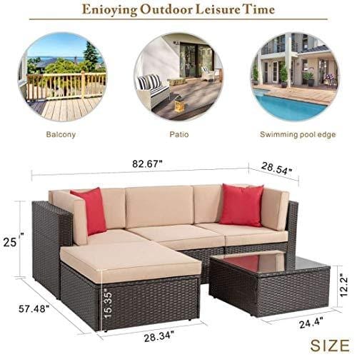 Vongrasig 5 Pieces Patio Furniture Set, All-Weather Outdoor Small Sectional Patio Sofa Set, Wicker Rattan Patio Sofa Couch Conversation Set w/Ottoman, Glass Table, Beige Cushions & Red Pillow, Brown Furniture Vongrasig 