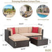 Vongrasig 5 Pieces Patio Furniture Set, All-Weather Outdoor Small Sectional Patio Sofa Set, Wicker Rattan Patio Sofa Couch Conversation Set w/Ottoman, Glass Table, Beige Cushions & Red Pillow, Brown Furniture Vongrasig 
