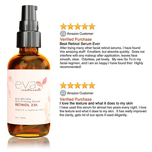 Retinol Serum 2.5% by Eva Naturals (2 oz, Double-Sized Bottle) - Best Anti-Aging Serum, Minimizes Wrinkles, Helps Prevent Sun Damage, and Fades Dark Spots - Vitamin A Retinol with Hyaluronic Acid Skin Care Eva Naturals 